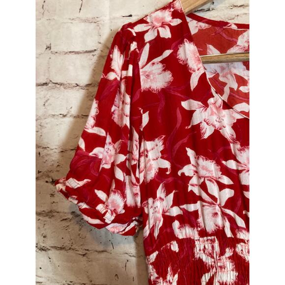 Amanda's Collection Babydoll Dress Womens Medium Red Tropical Floral Cottage - Picture 4 of 13